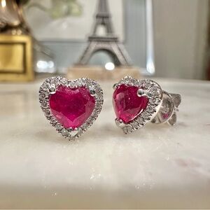 18K White Gold Ruby and Diamond Heart Earrings